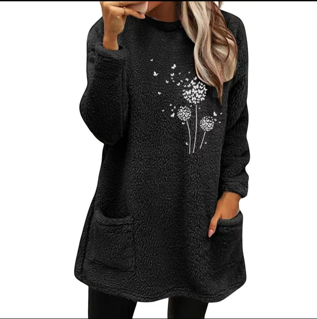 Plant Print Double-sided Velvet Pocket Round Neck Sweater