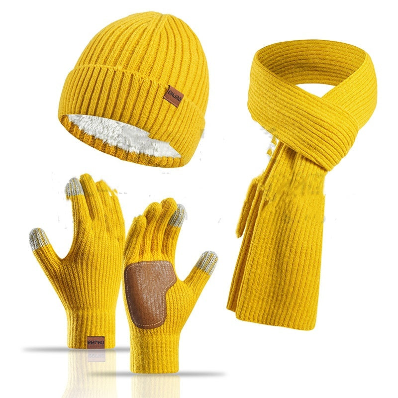 Winter Women's Wool Hat Scarf Gloves Plus Leather Non-slip Three-piece Set