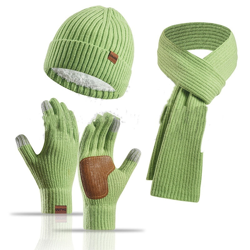 Winter Women's Wool Hat Scarf Gloves Plus Leather Non-slip Three-piece Set