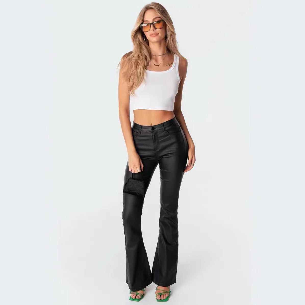 High Waist PU Leather American Hot Girl Tall Mopping Horseshoe Pants