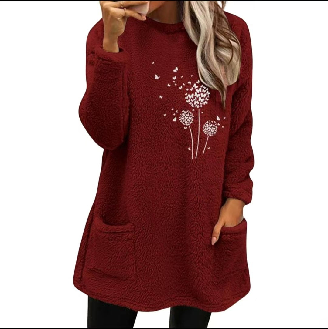 Plant Print Double-sided Velvet Pocket Round Neck Sweater