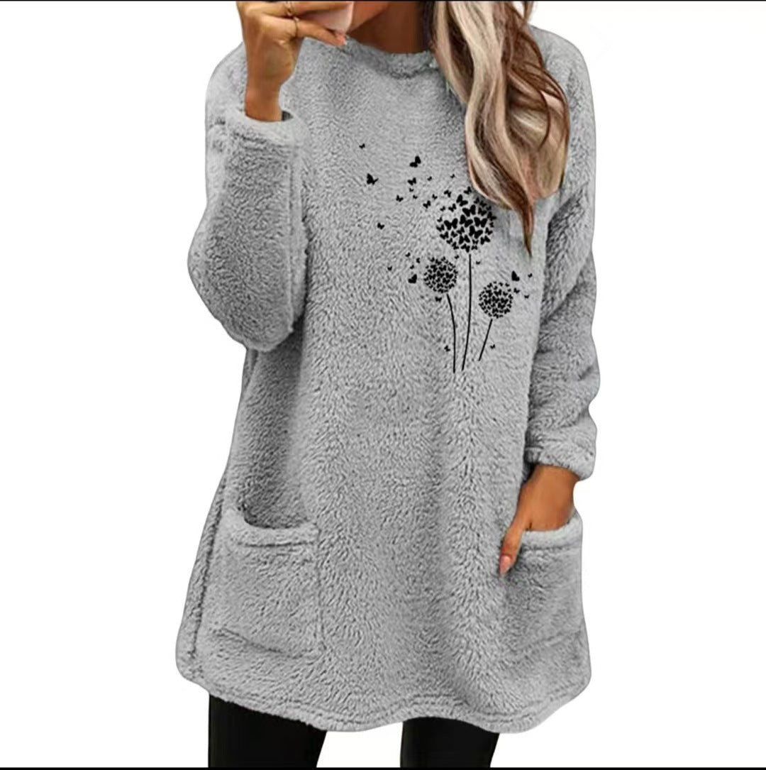 Plant Print Double-sided Velvet Pocket Round Neck Sweater