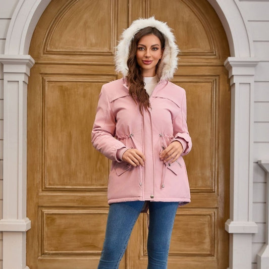 Ladies Hooded With Fur Collar Fleece Padded Coat