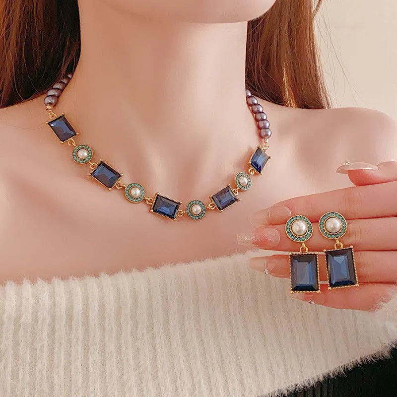 Azure Elegance Pearl and Diamond Jewelry Set - Saunders Fashion