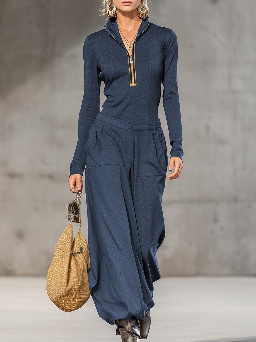 Wide Leg Pocket Trousers and Long Sleeves Top Two-piece Set