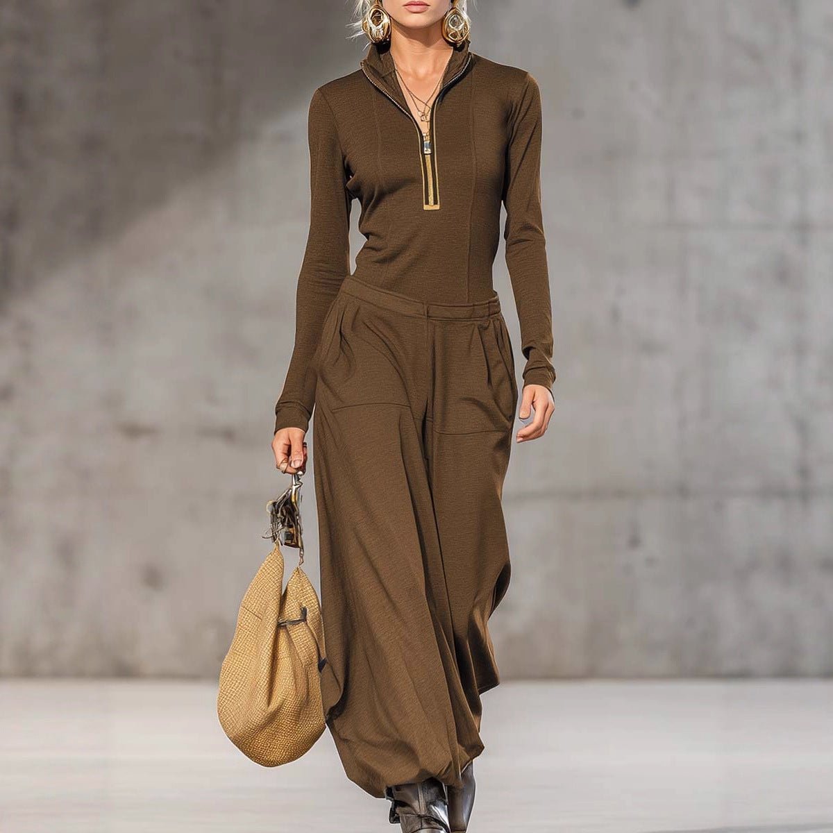 Wide Leg Pocket Trousers and Long Sleeves Top Two-piece Set