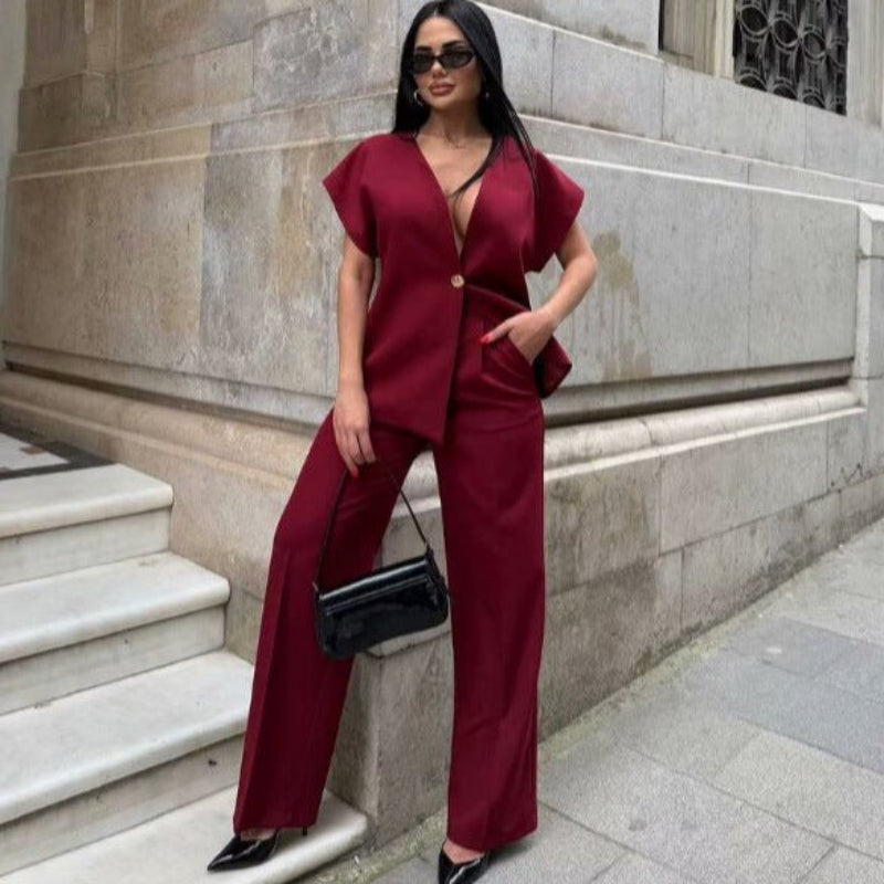 Women's Clothing Button Top Wide Leg Pants Suit