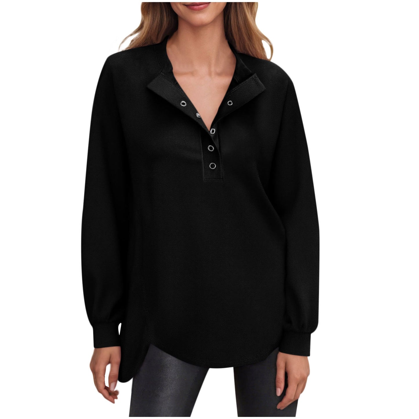 Women's Fashion Casual Solid Color Round Neck Button Long Sleeve Top