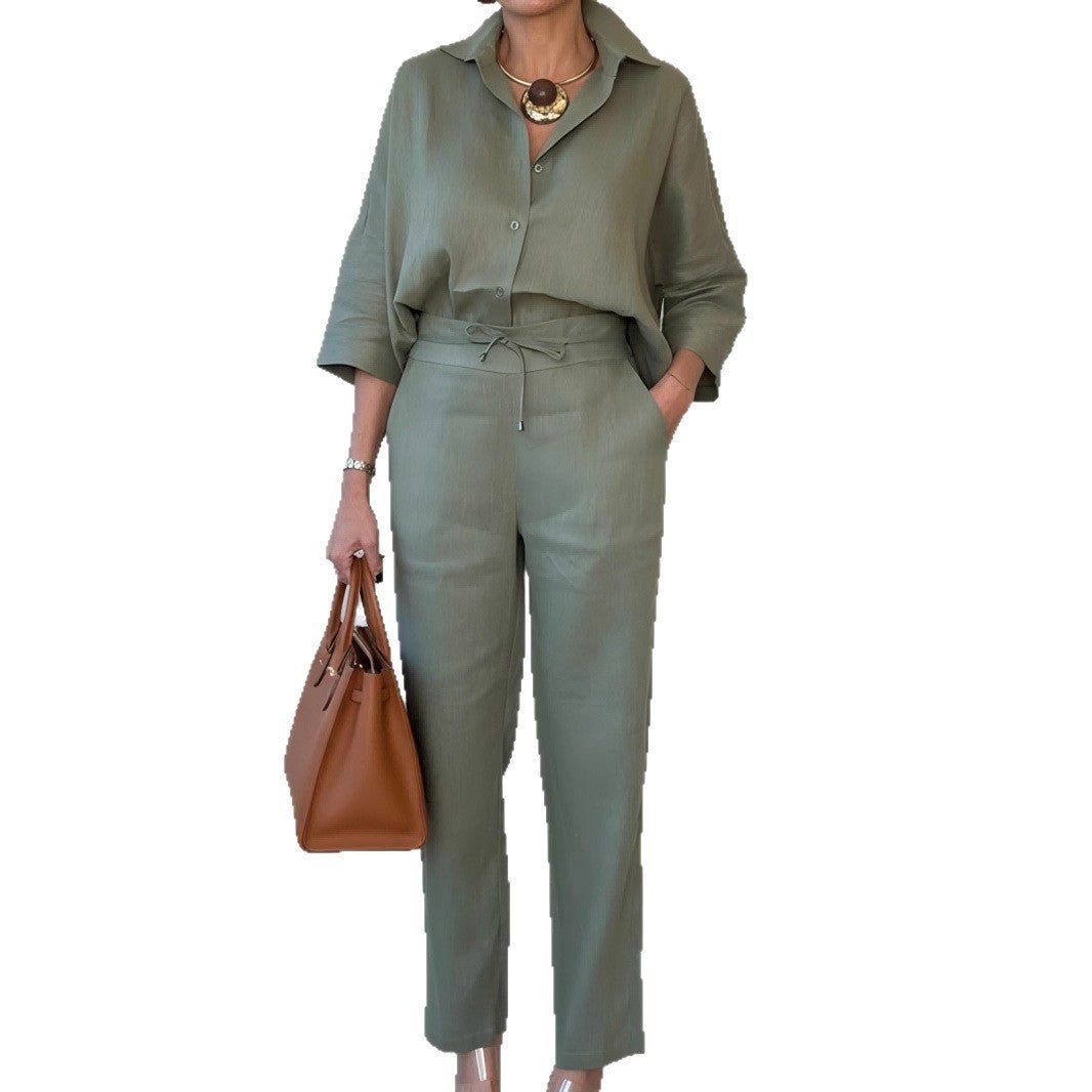 Elegant Polo Collar Linen Shirt And Two-piece Pants