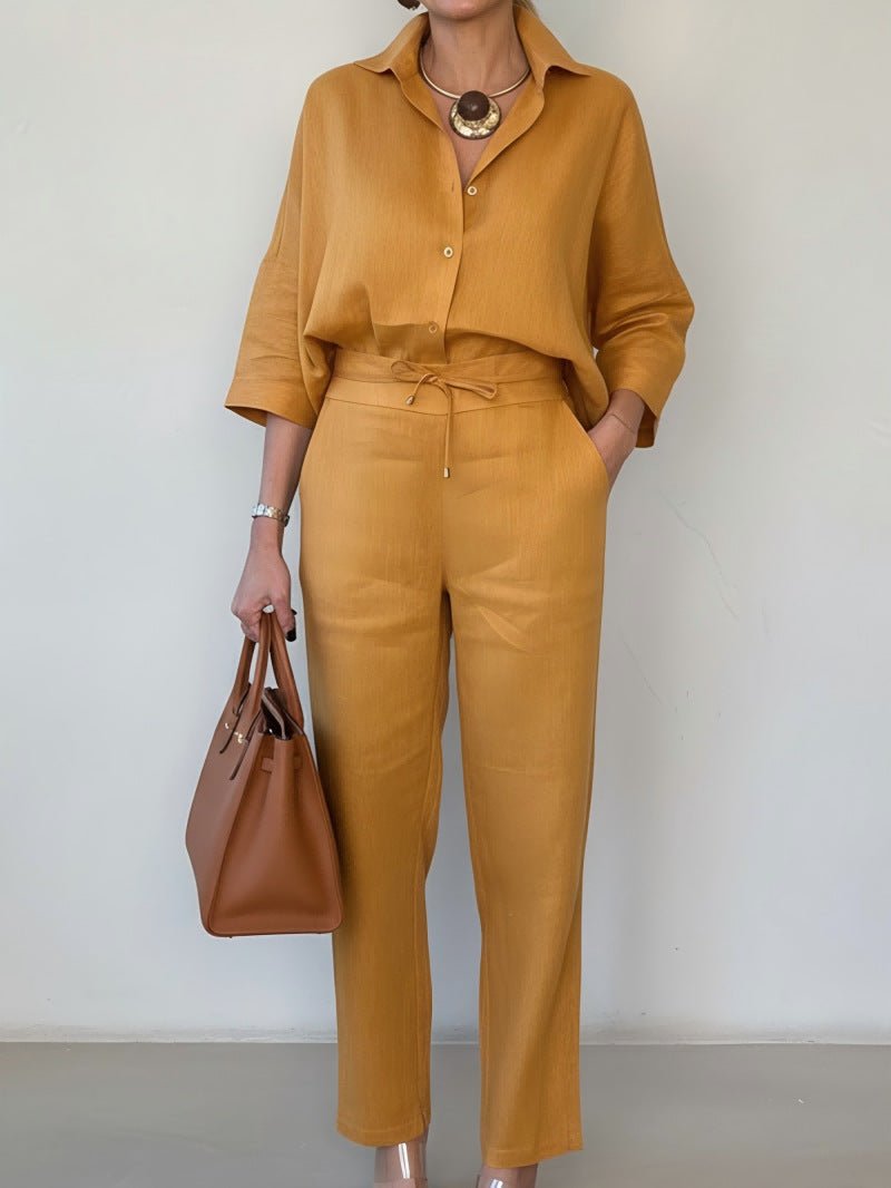 Elegant Polo Collar Linen Shirt And Two-piece Pants