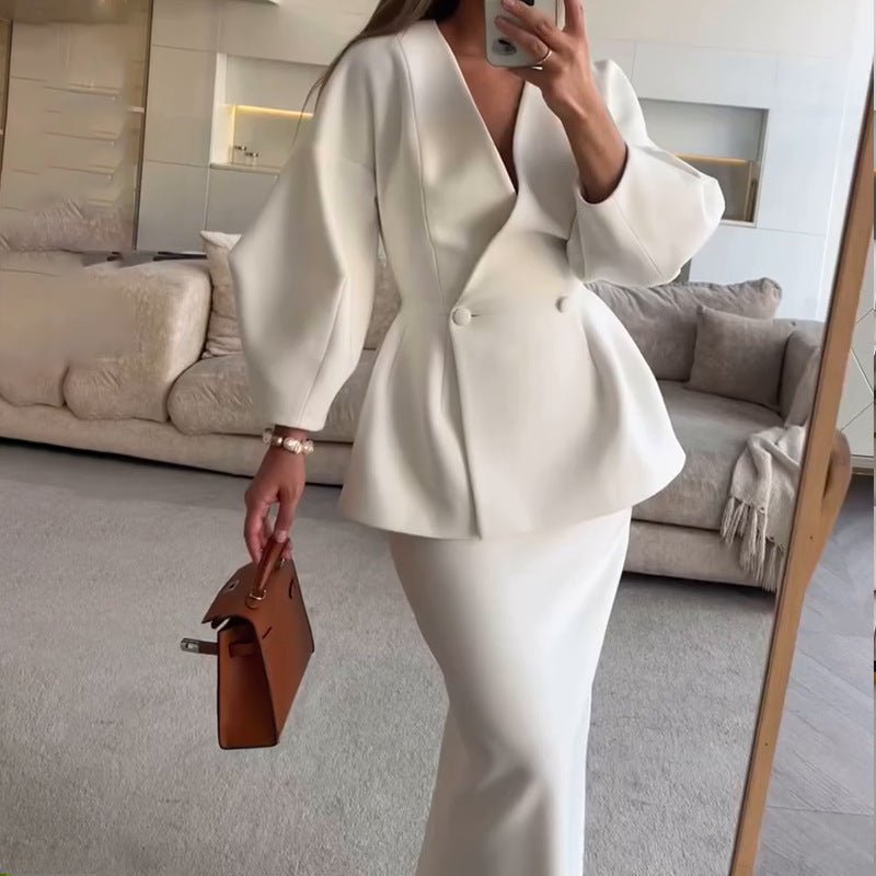 Women's Fashion Puff Sleeve Skirt Suit Professional Elegant