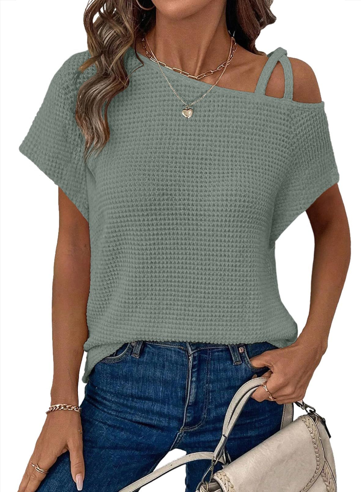 Short-sleeved Off-shoulder Knitted T-shirt Casual Women