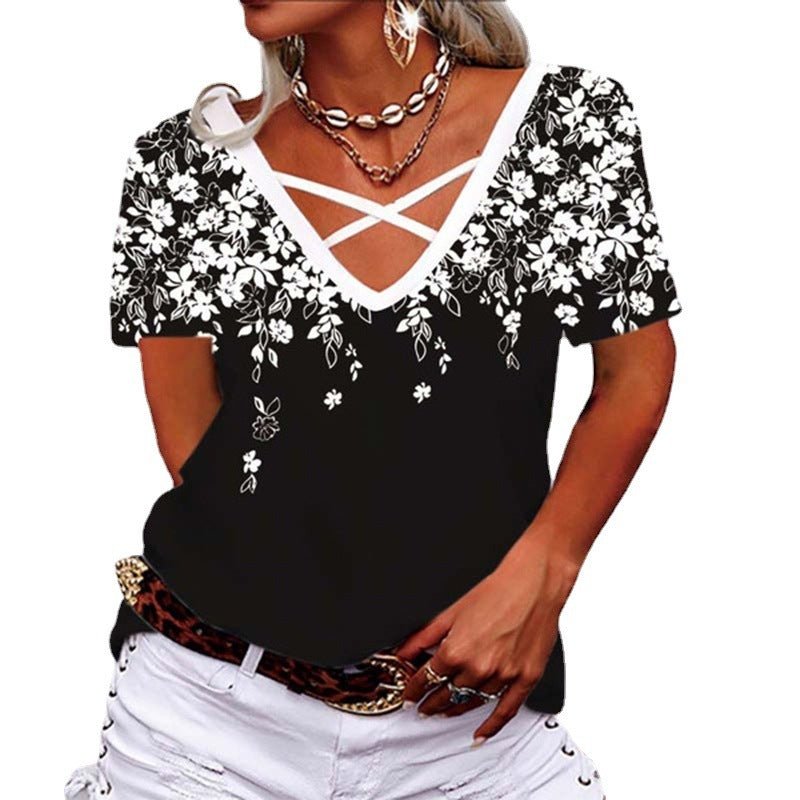 Loose V-neck Cross Printed T-shirt Casual Wear