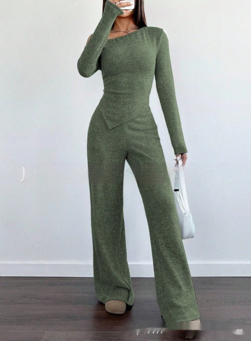 Simple Shoulder Graceful Top and Pants Suit for Women