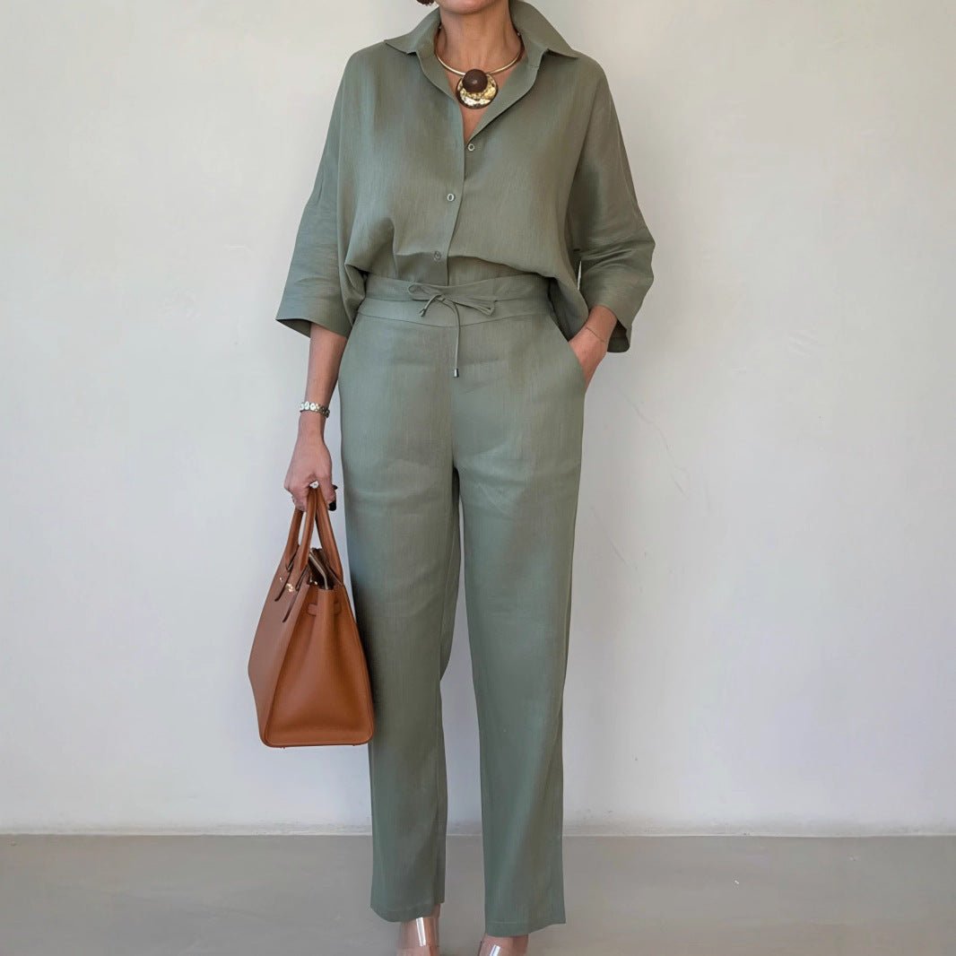 Elegant Polo Collar Linen Shirt And Two-piece Pants