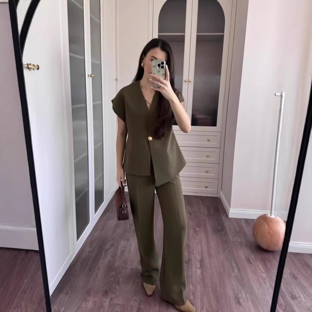 Women's Clothing Button Top Wide Leg Pants Suit
