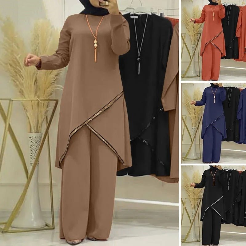 O-collar Long Sleeve Shirt Wide Leg Pants Suit Casual