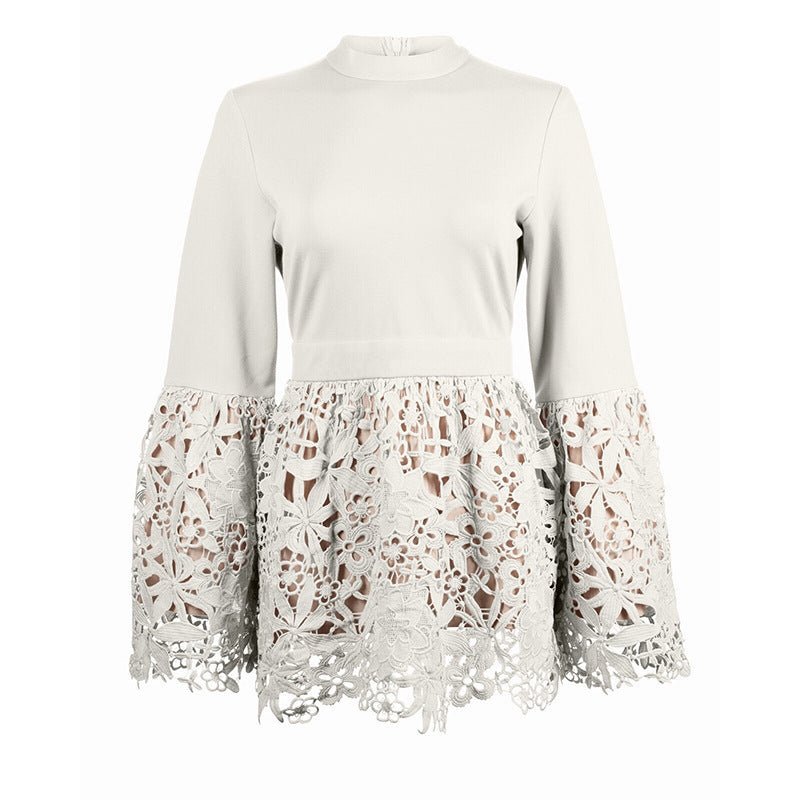 Bell Sleeve Lace Shirt Patchwork Stand-up Collar For Women