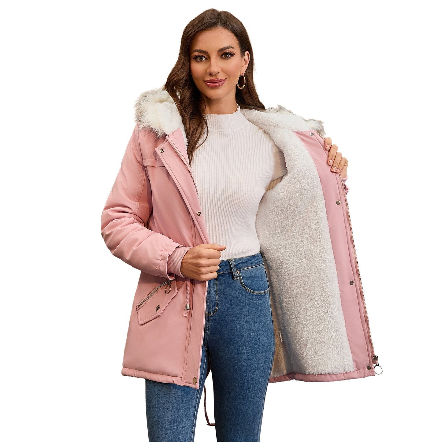 Ladies Fur Collar Fleece Padded Coat