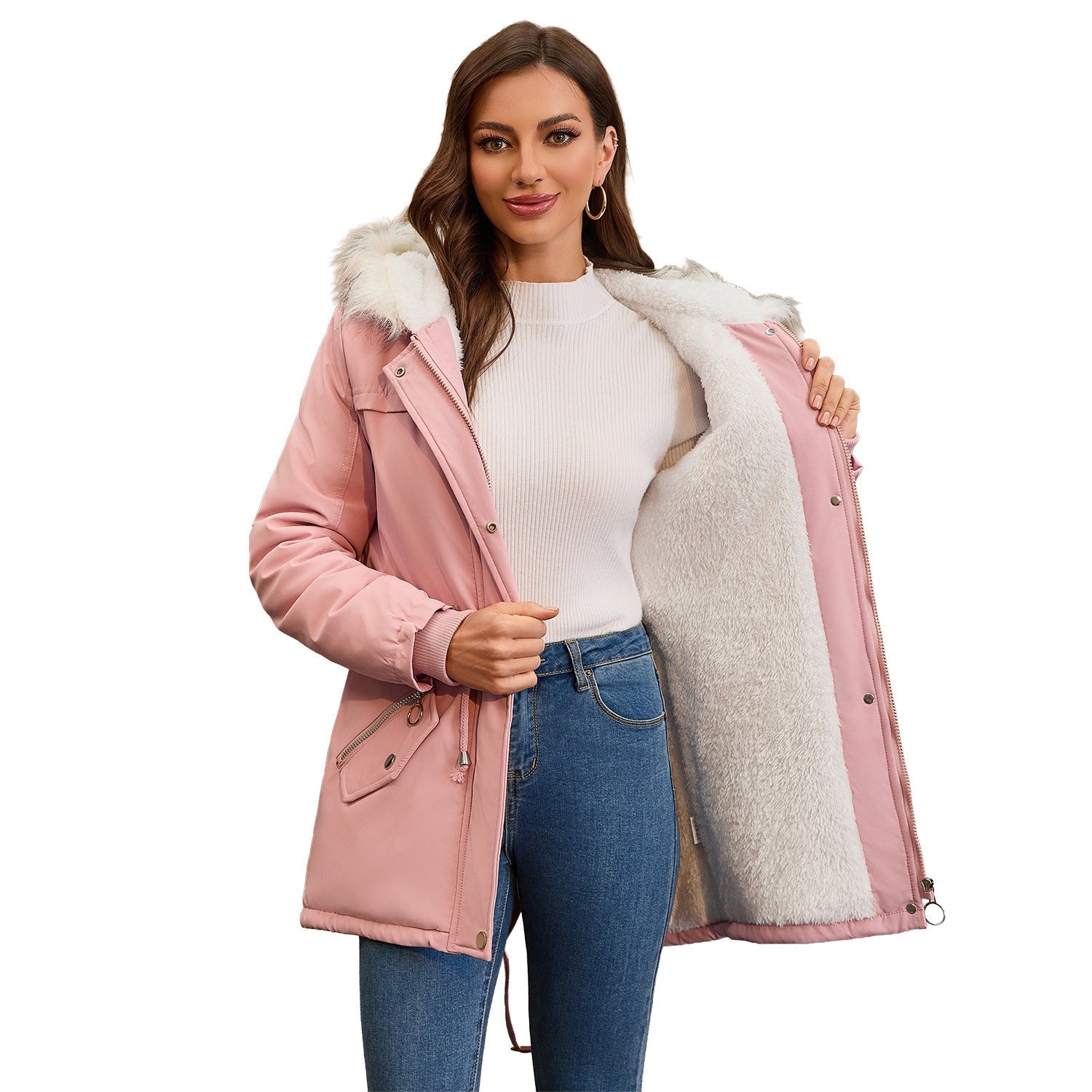 Ladies Fur Collar Fleece Padded Coat