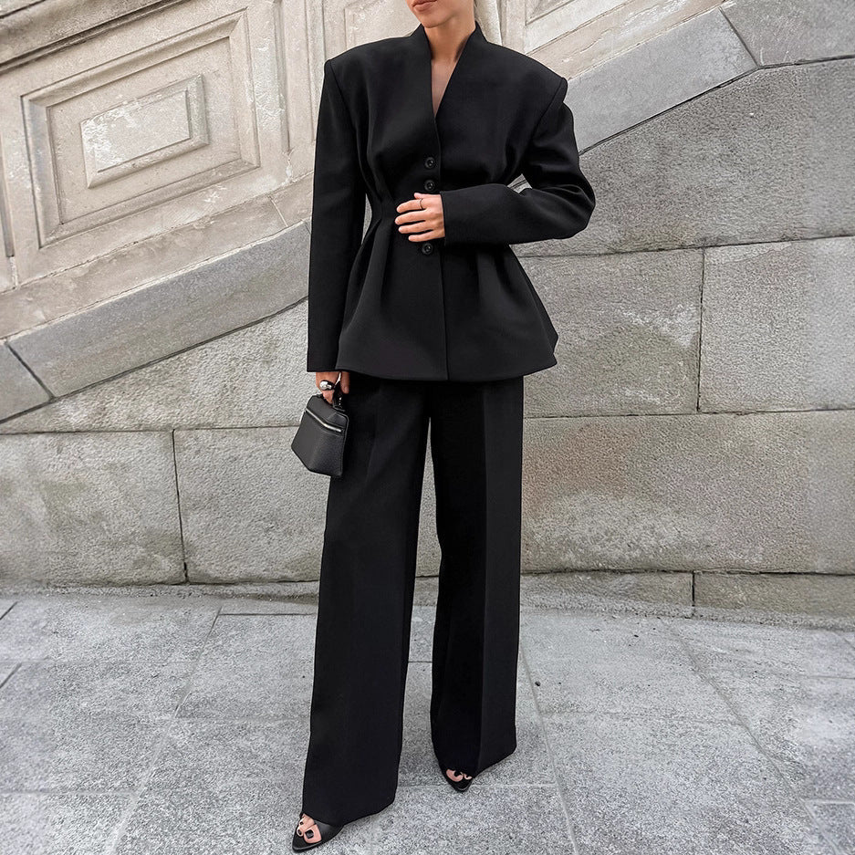 Long Sleeve Pleated Waist Suit Jacket Trousers Two-piece Set