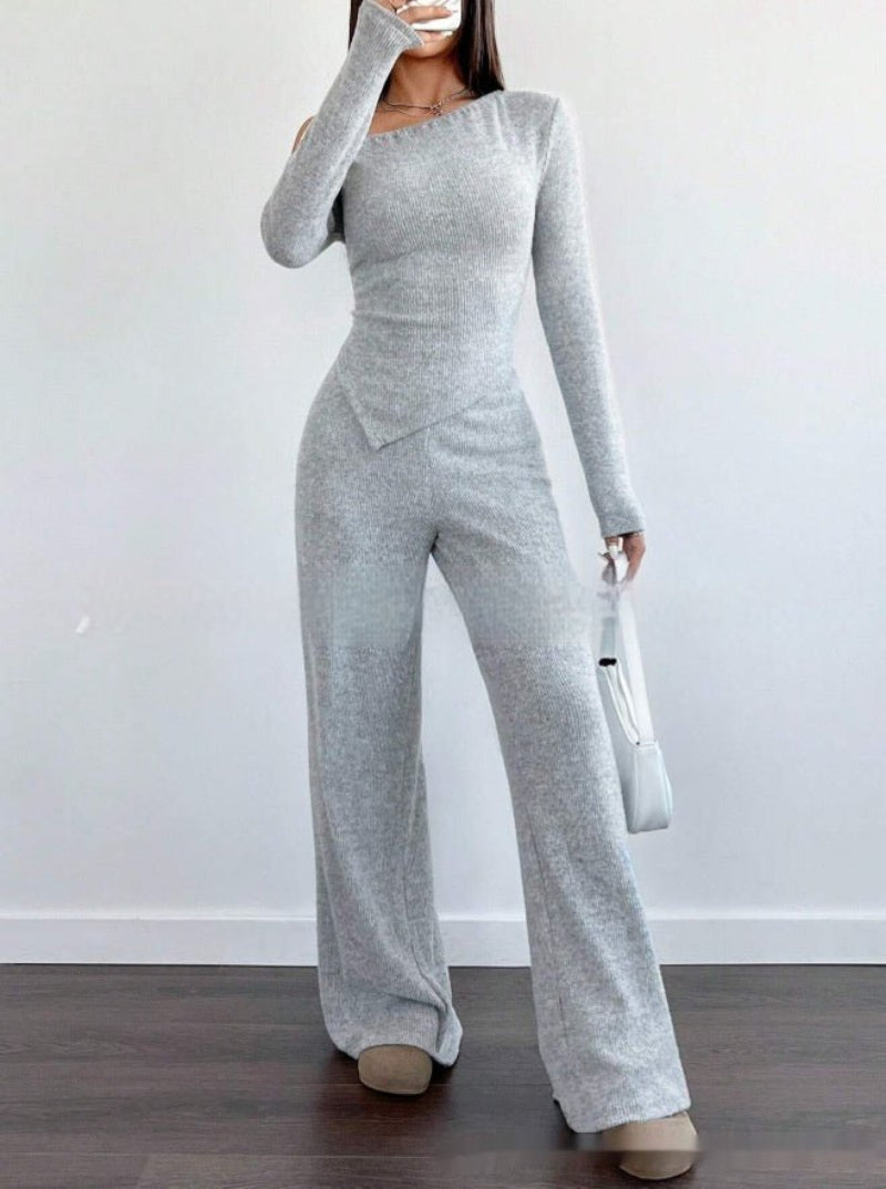 Simple Shoulder Graceful Top and Pants Suit for Women