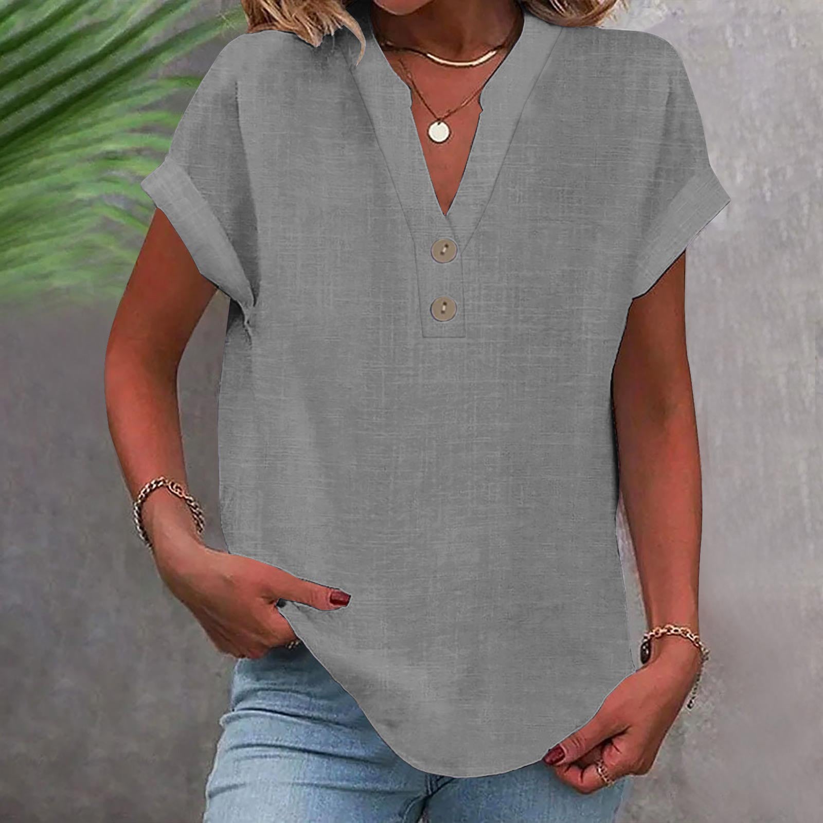 Stand Collar Button Short Sleeve Women's Shirt