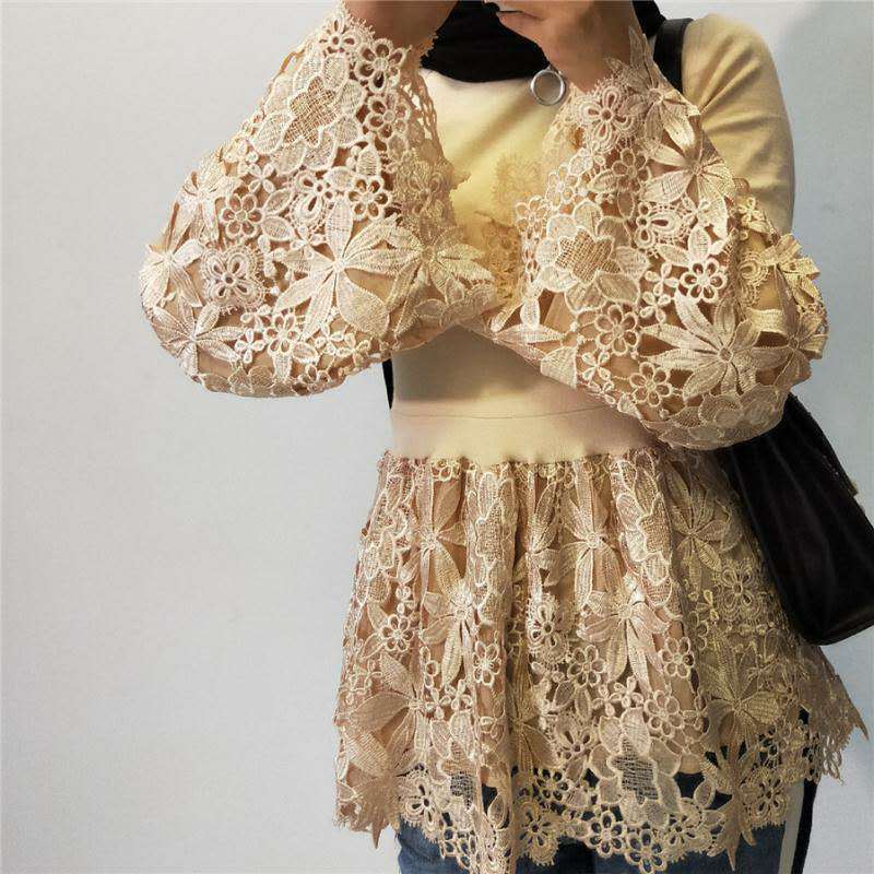 Bell Sleeve Lace Shirt Patchwork Stand-up Collar For Women