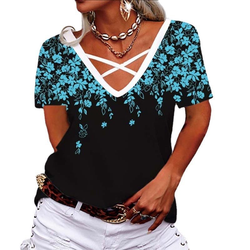 Loose V-neck Cross Printed T-shirt Casual Wear