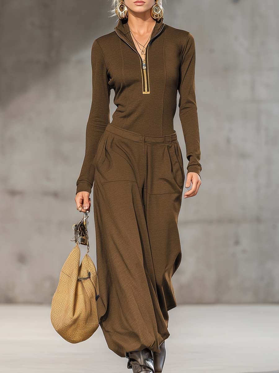 Wide Leg Pocket Trousers and Long Sleeves Top Two-piece Set