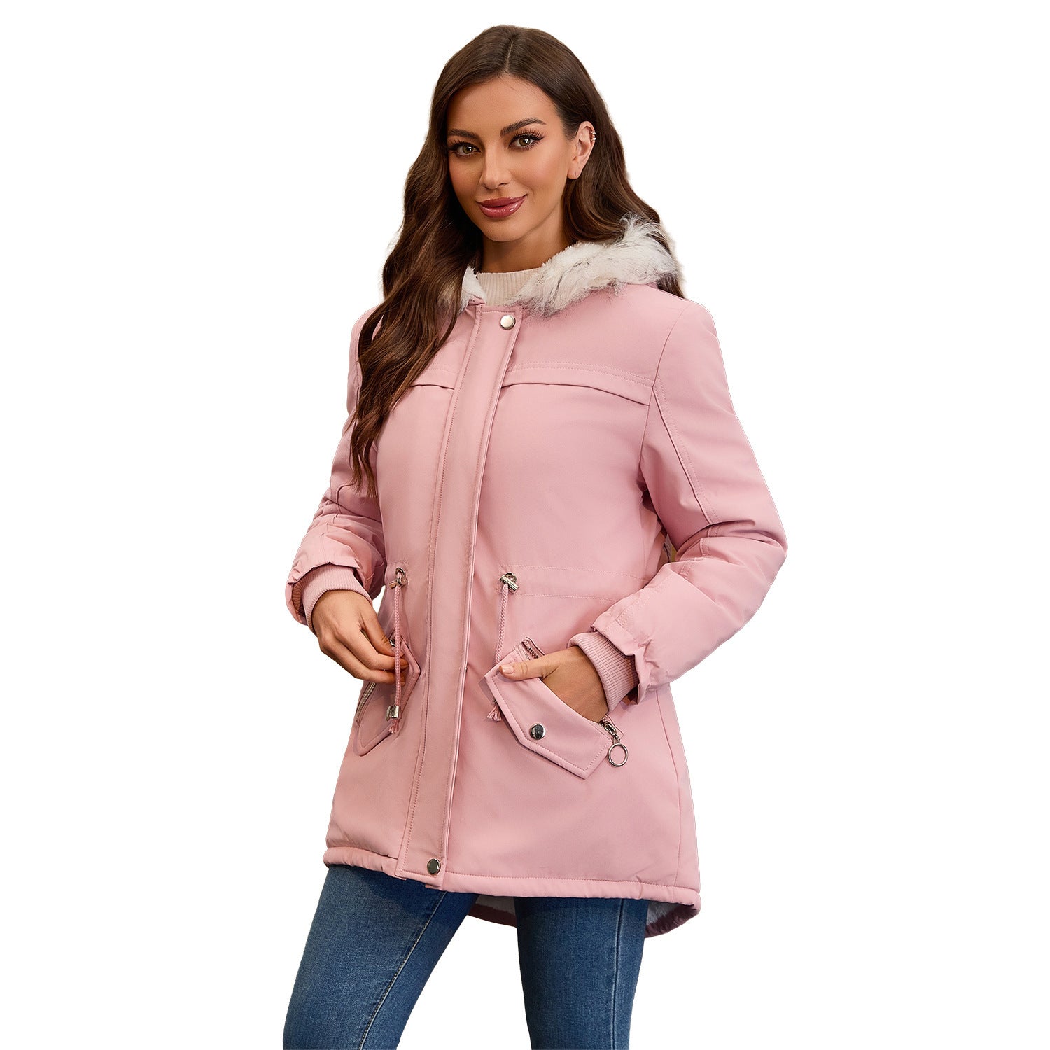 Ladies Fur Collar Fleece Padded Coat