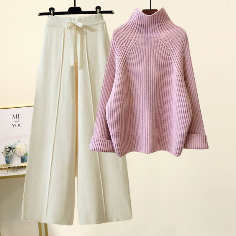 Half Sleeves Sweater Lace-up Wide Leg Pants Suit