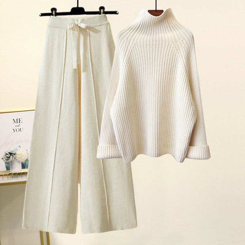 Half Sleeves Sweater Lace-up Wide Leg Pants Suit