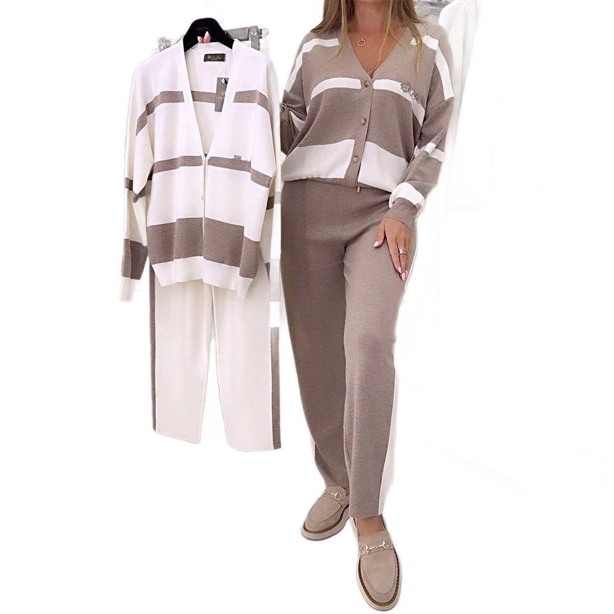Striped Top Trousers Women's Suit Two-piece Set