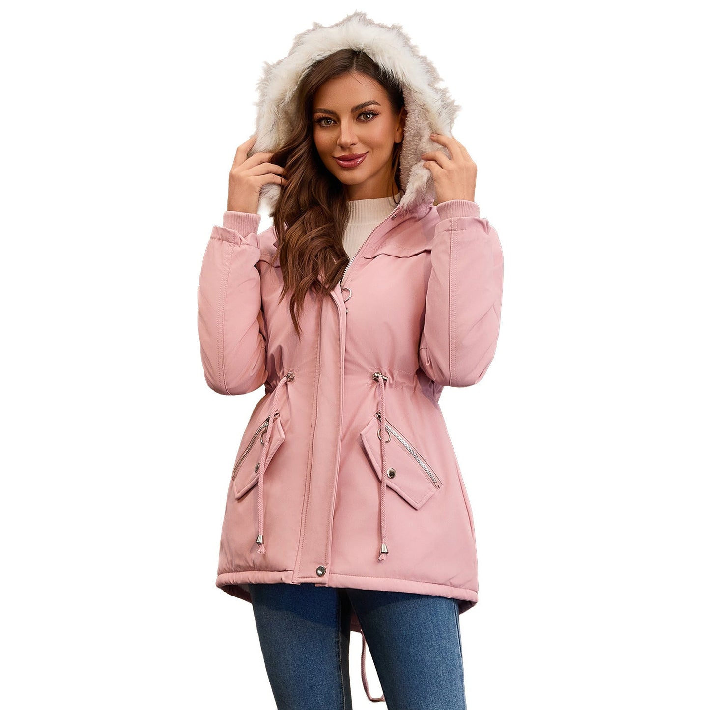 Ladies Fur Collar Fleece Padded Coat