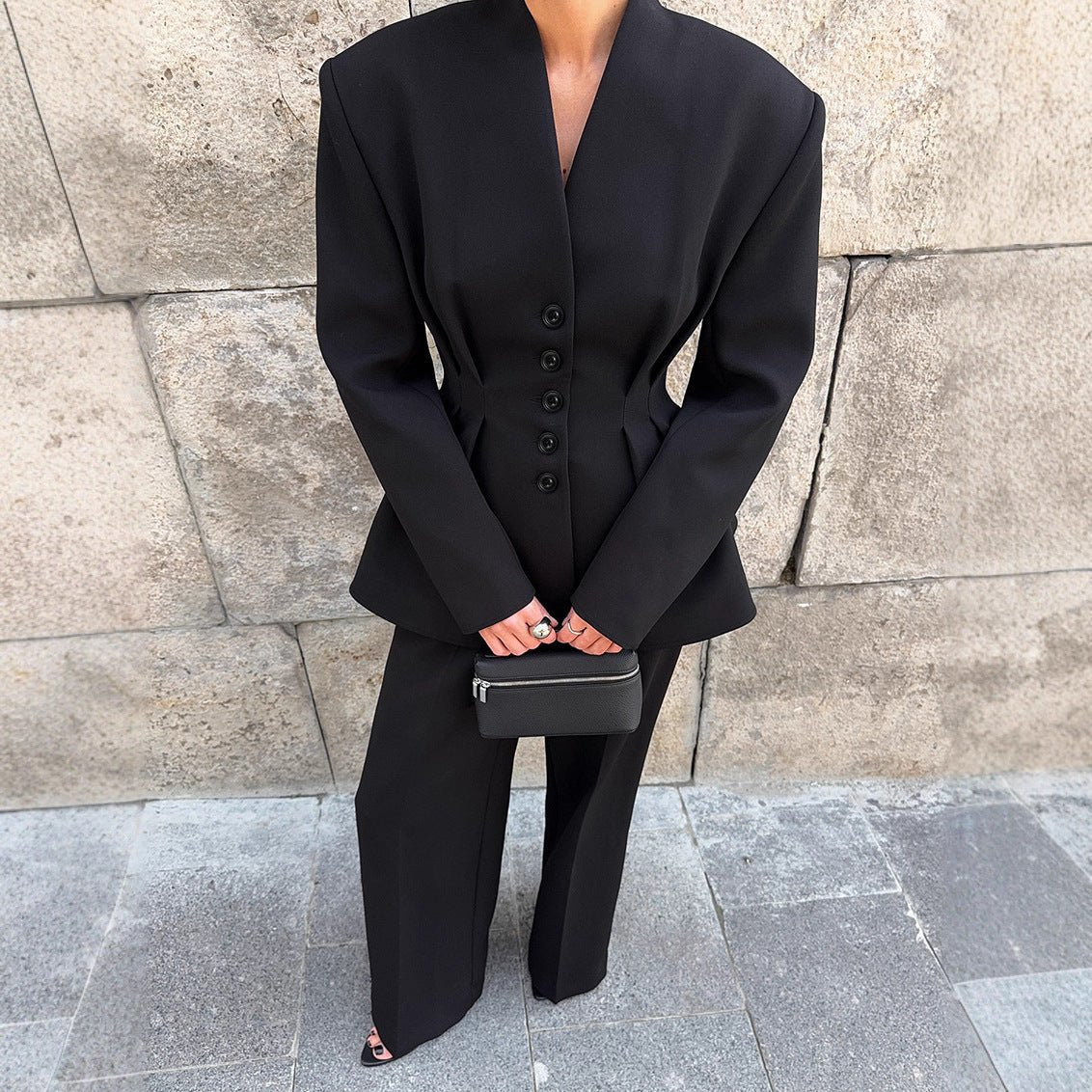 Long Sleeve Pleated Waist Suit Jacket Trousers Two-piece Set
