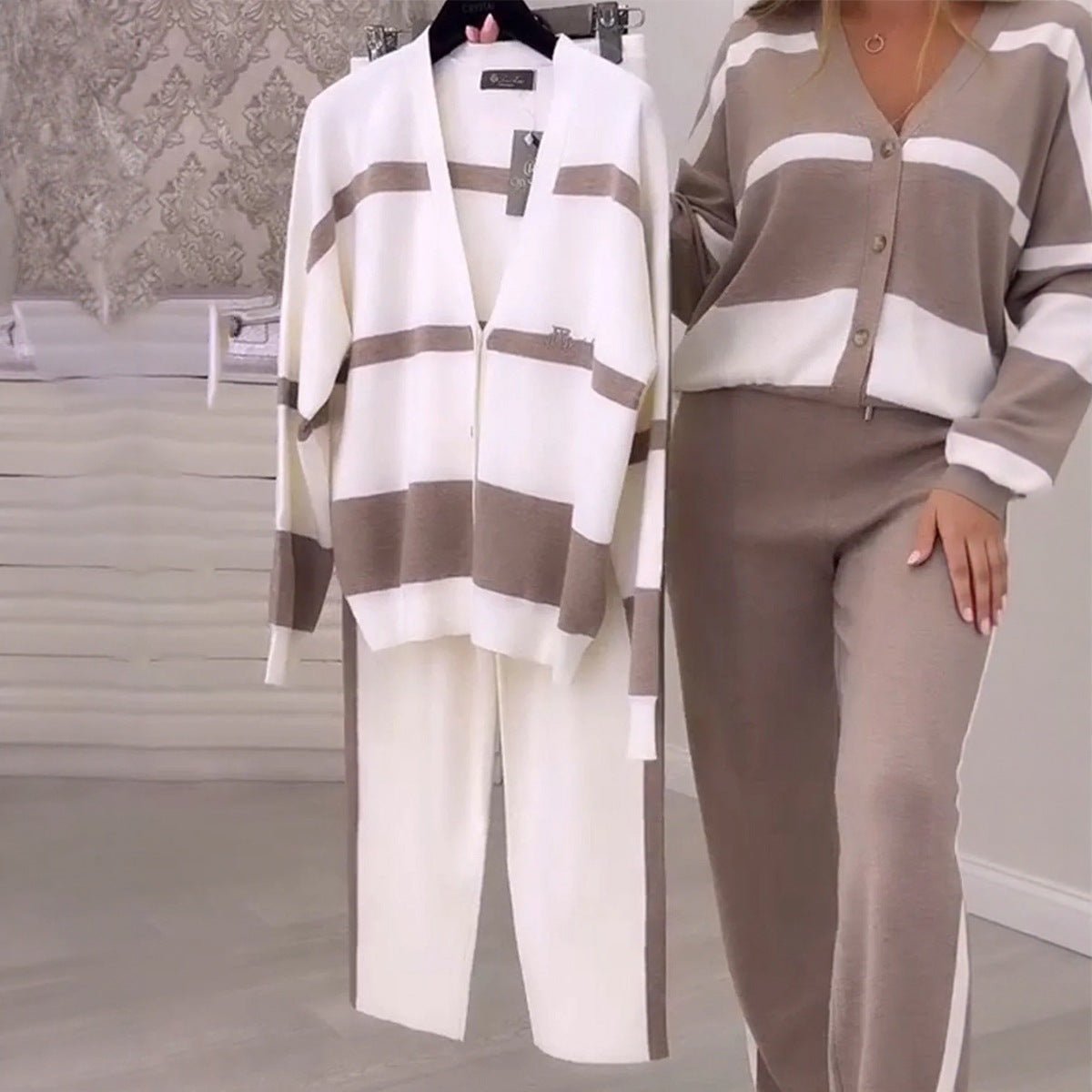 Striped Top Trousers Women's Suit Two-piece Set