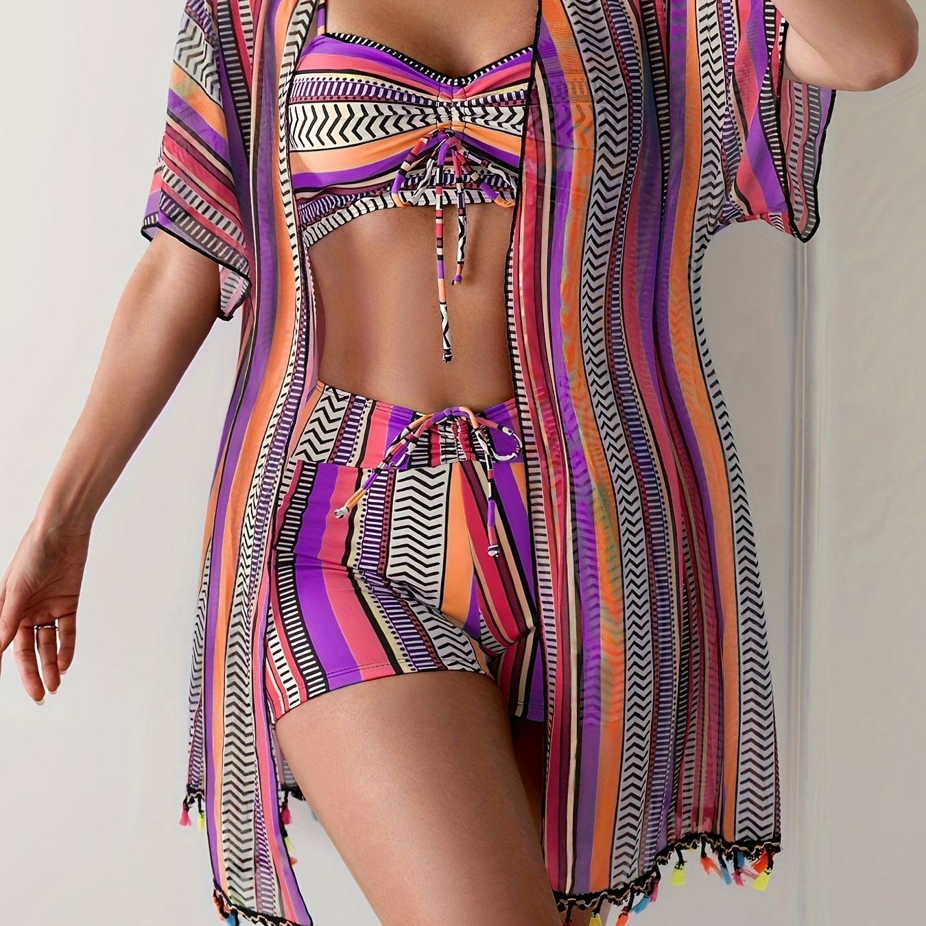 Nautical Breeze 3 - Piece Striped Bikini Set - Saunders Fashion