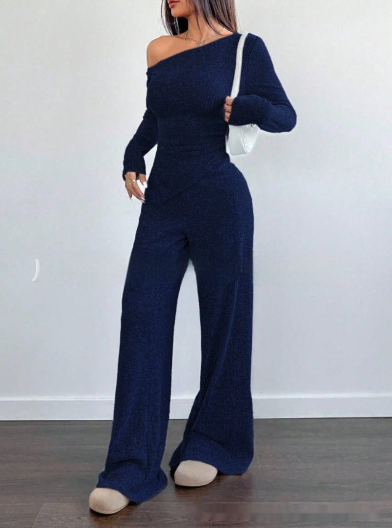 Simple Shoulder Graceful Top and Pants Suit for Women