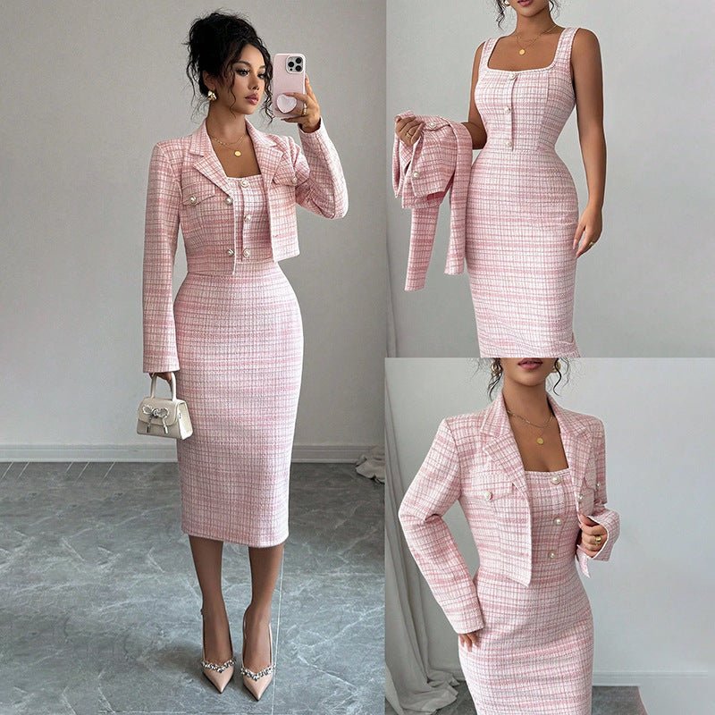 Elegant plaid jacket and dress two-pieces