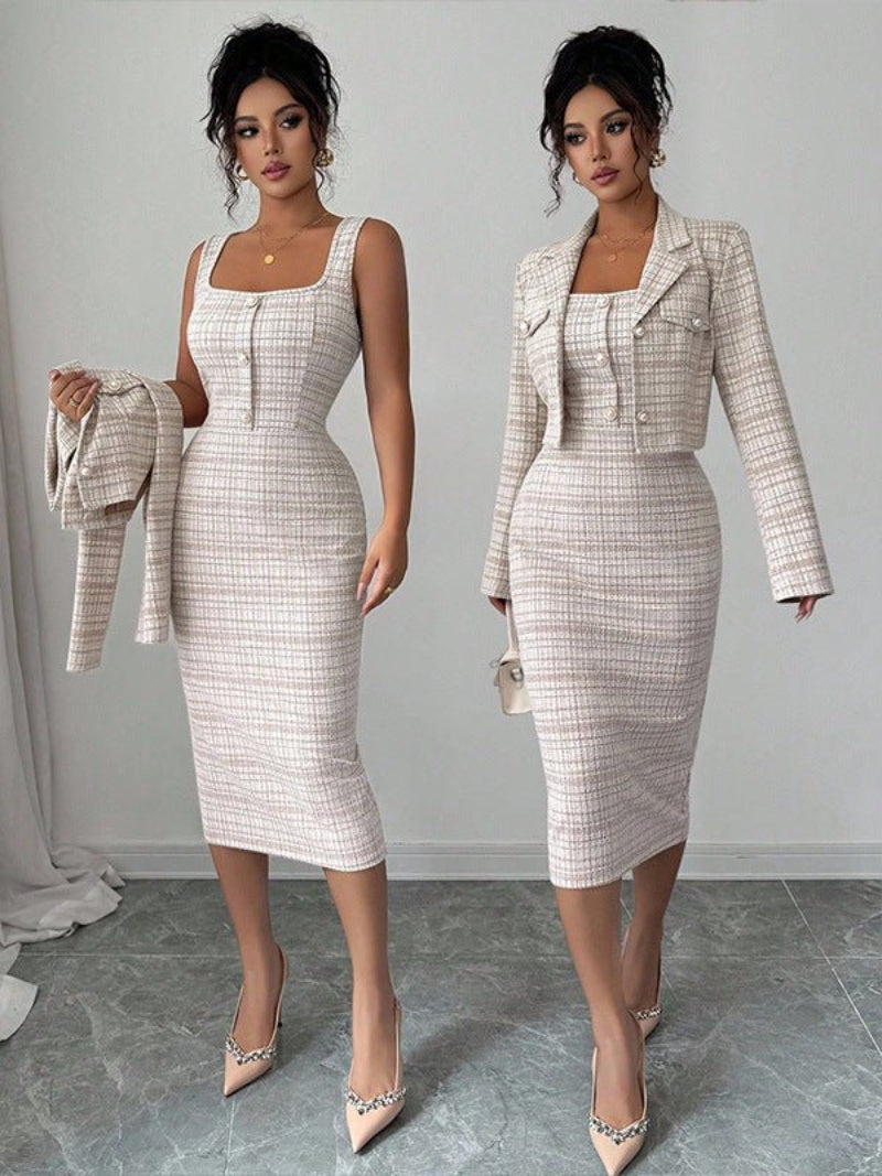 Elegant plaid jacket and dress two-pieces