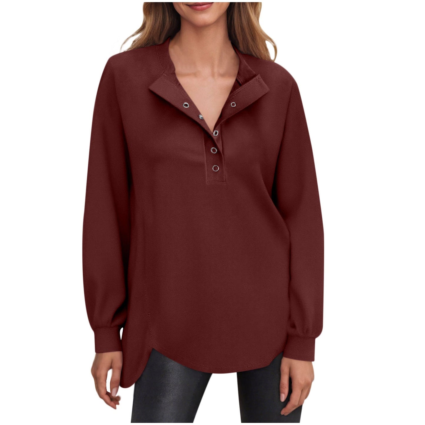 Women's Fashion Casual Solid Color Round Neck Button Long Sleeve Top