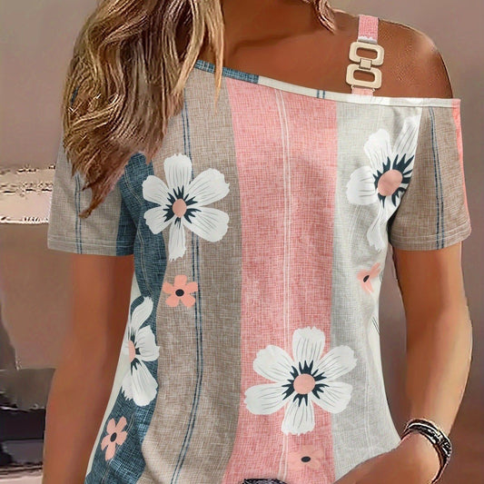 Floral Print Button Knit Cold Shoulder Tee
