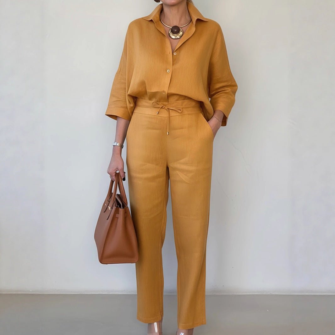 Elegant Polo Collar Linen Shirt And Two-piece Pants