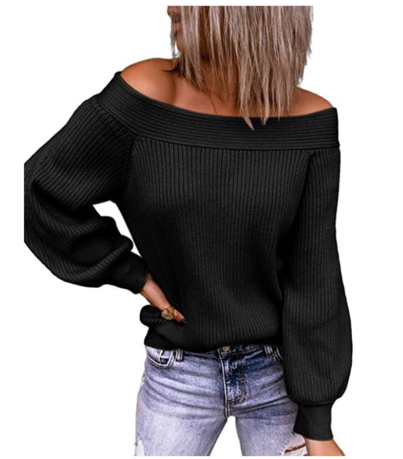 Off-The-Shoulder Loose Knit Sweater One-Neck Solid Color Pullover Women