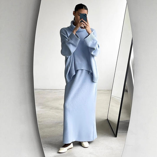 Casual Turtleneck Sweater Skirt Suit for Women