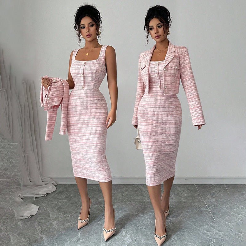 Elegant plaid jacket and dress two-pieces