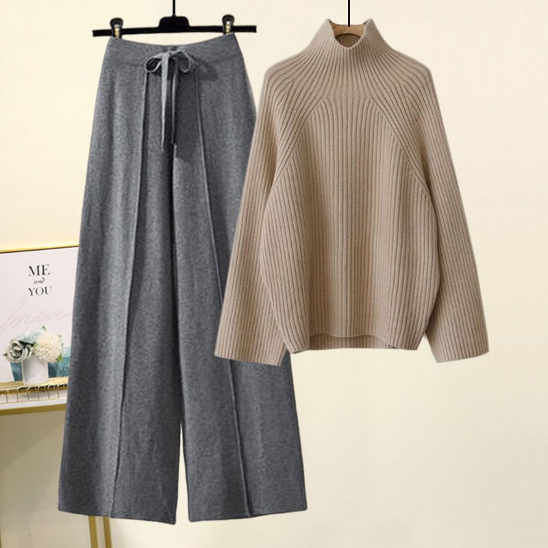 Half Sleeves Sweater Lace-up Wide Leg Pants Suit