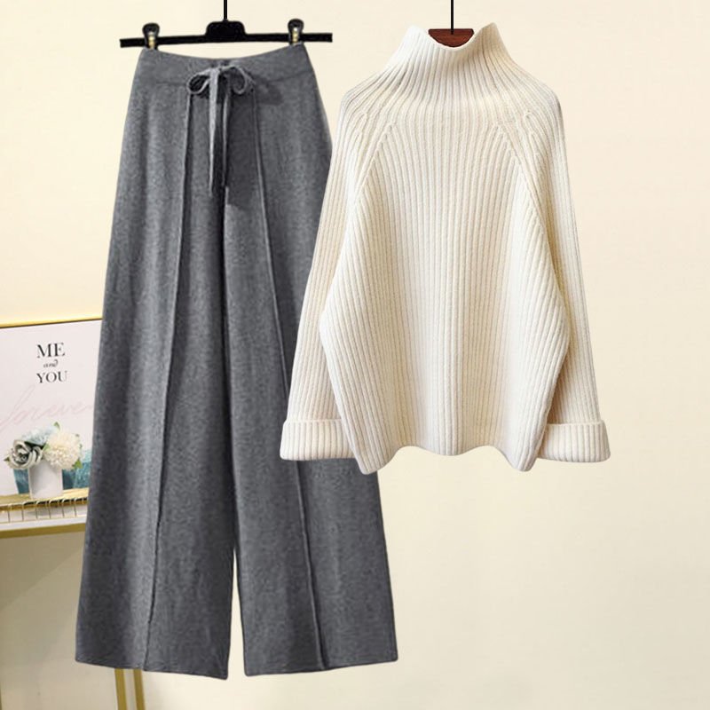 Half Sleeves Sweater Lace-up Wide Leg Pants Suit