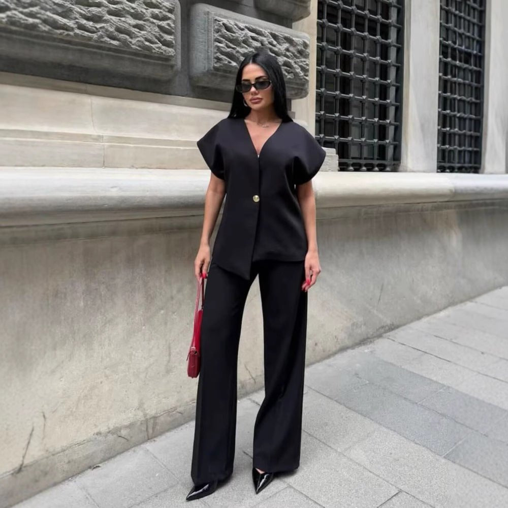 Women's Clothing Button Top Wide Leg Pants Suit